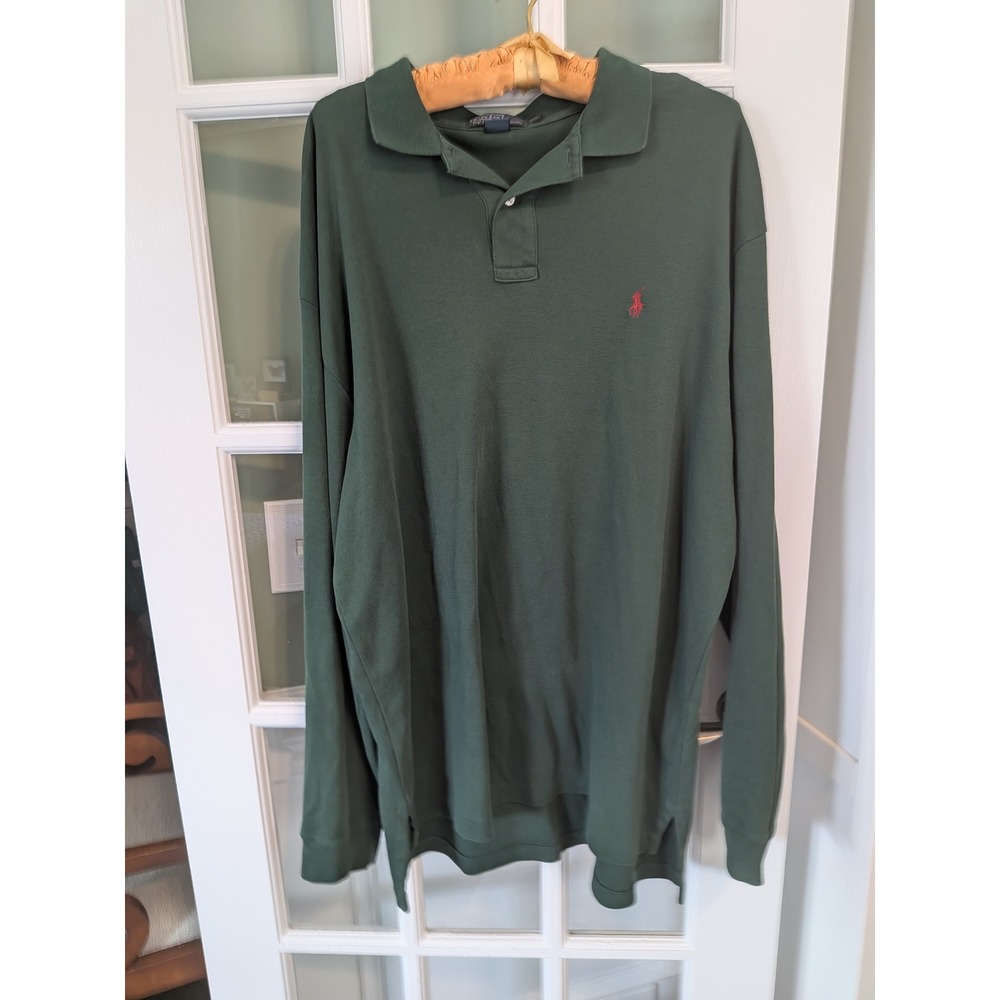Polo Ralph Lauren Men XL Green Long Sleeve Polo Shirt 100% Cotton Red Pony Logo